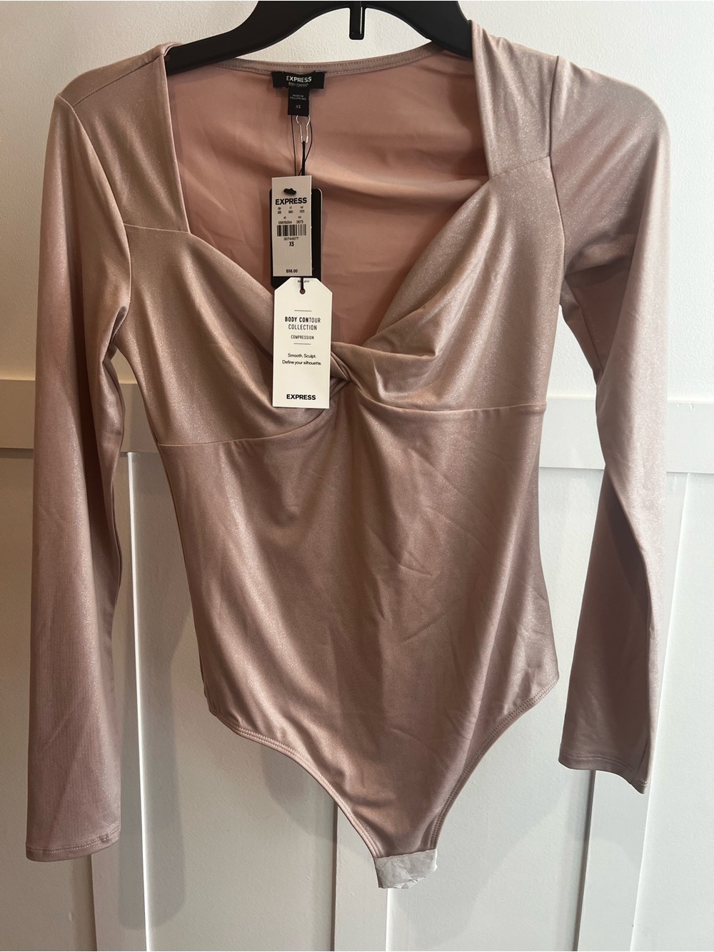 Express Twist-Front Long-Sleeve Bodysuit in Mauve